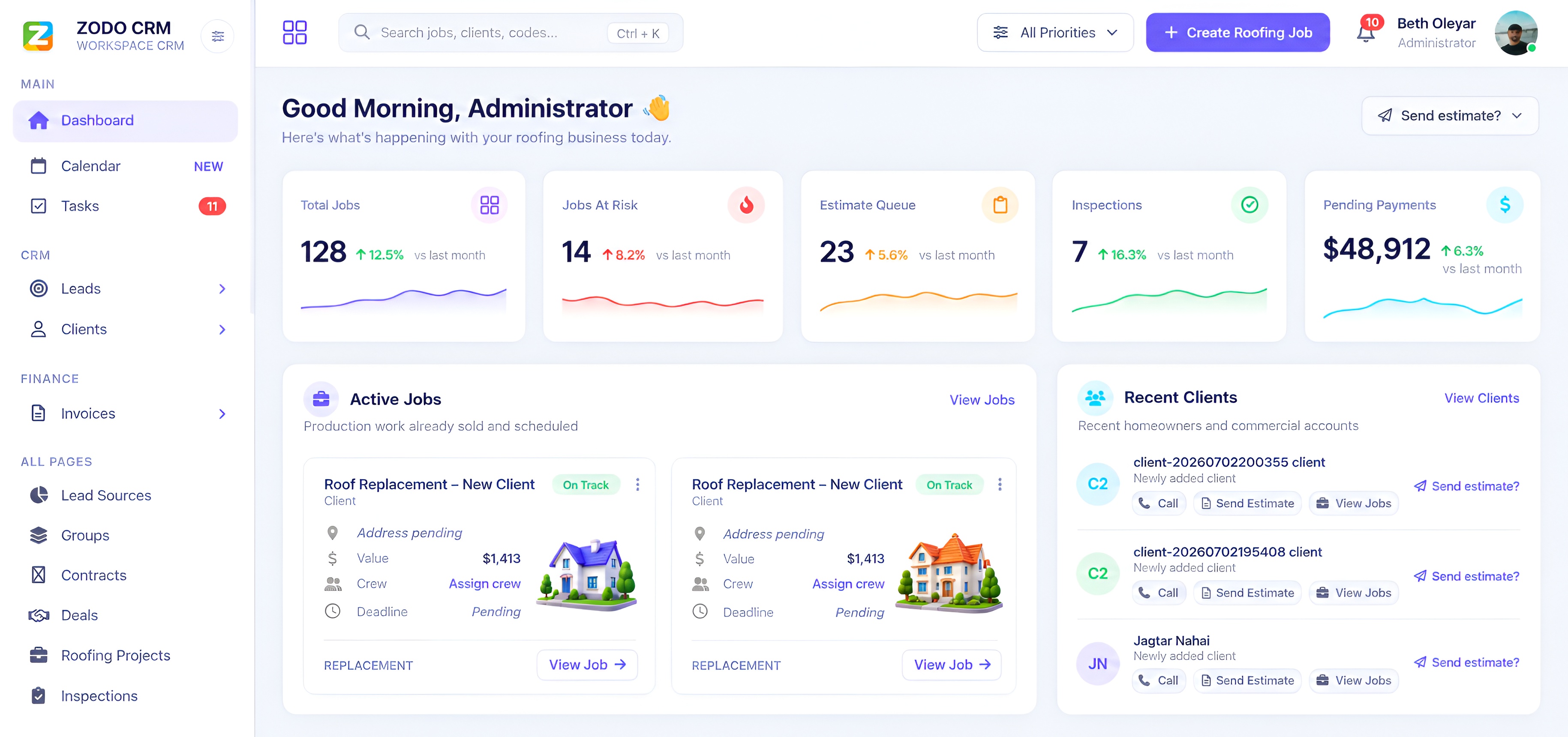 Example ZODO Roofing CRM workspace